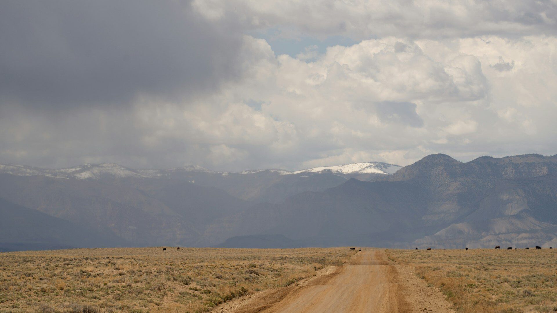 Dirt track leading towards mountains through a barren landscape
