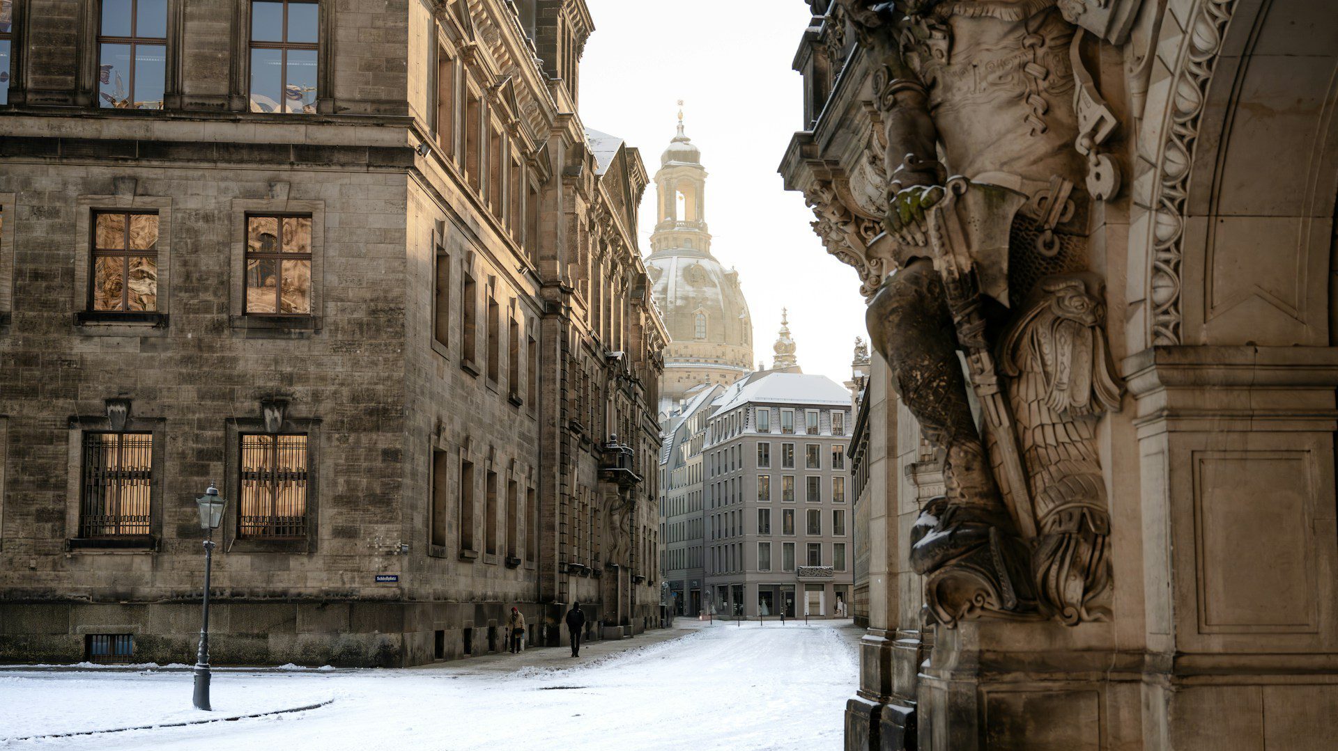 Dresden's medieval streets and architecture, with snow-covered