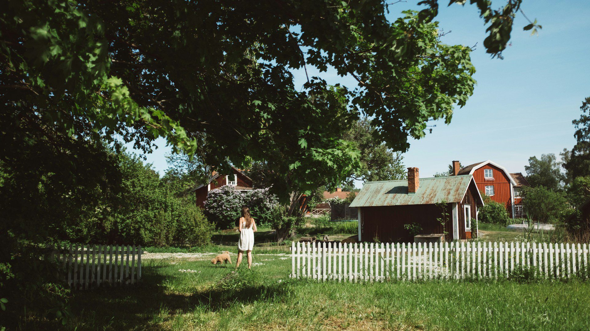 A woman in a white dress and a dog stand in front of a property of 3 red buildings, with a white picket fence in the foreground