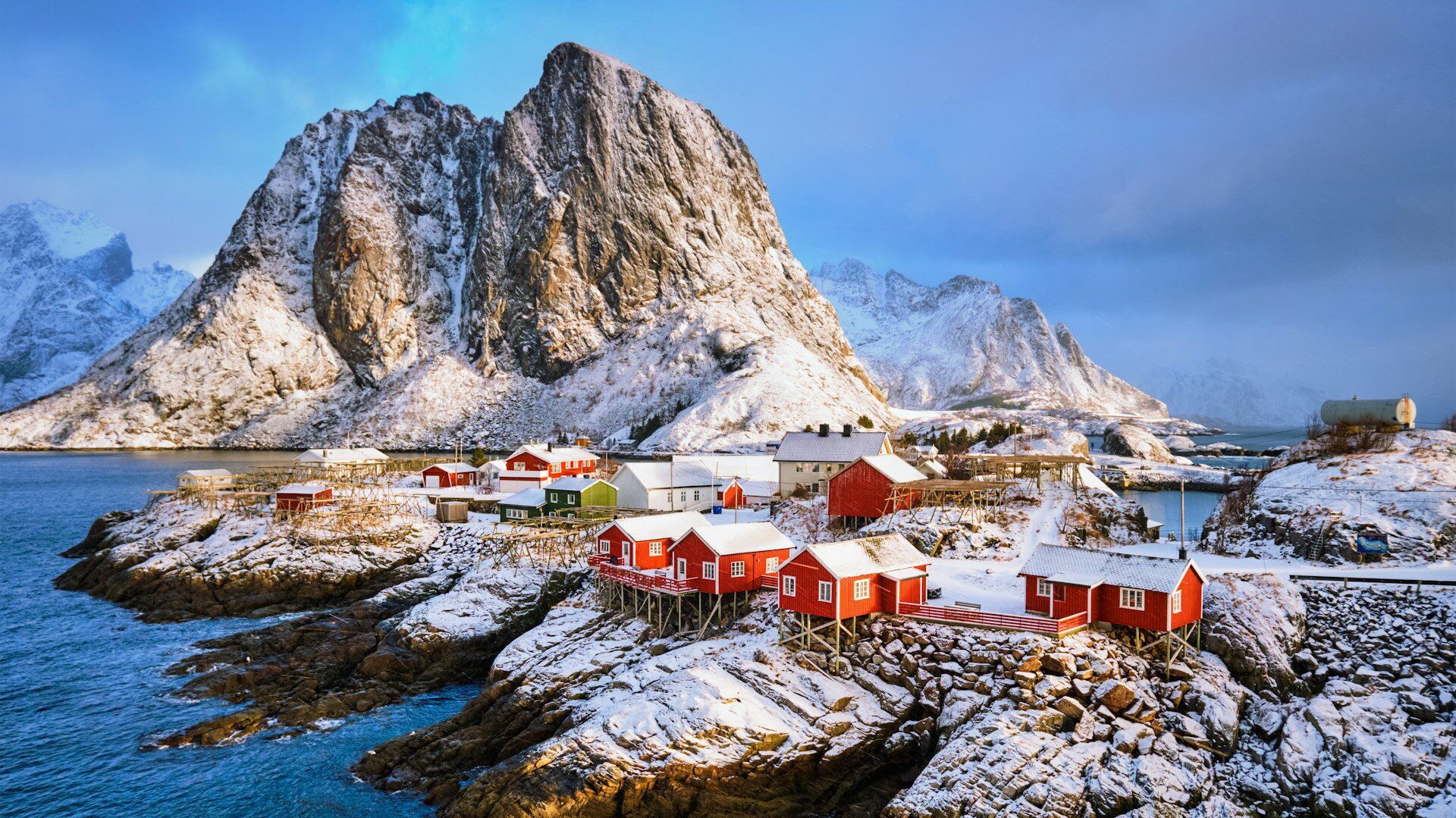 Colourful stilted houses in Norway' Lofoten Islands