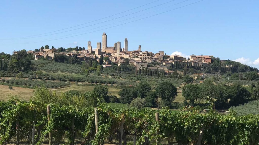 A scenic view of a medieval heritage hilltop town with multiple towers, surrounded by lush vineyards under a clear blue sky.