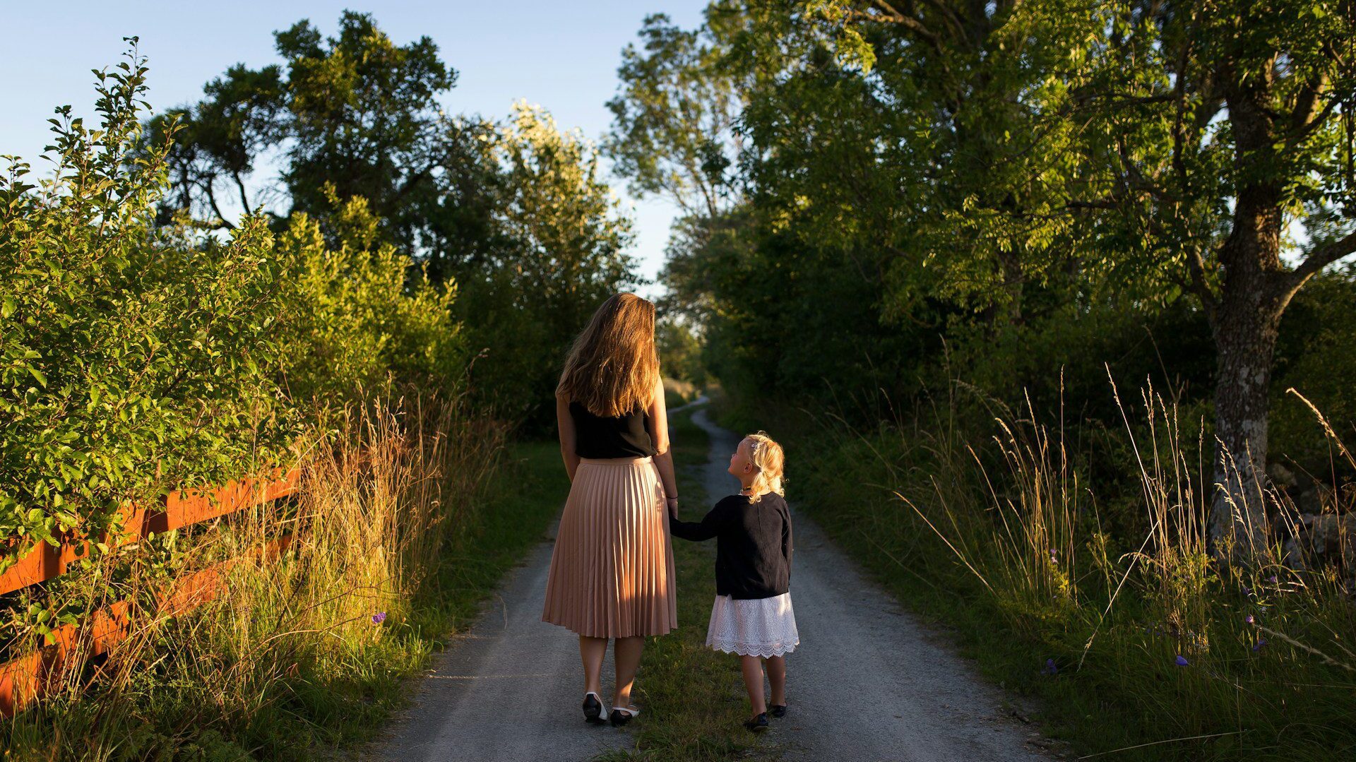 A woman and a young girl walk hand in hand down a country lane in the gold light of late summer