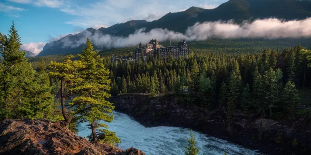 Large hotel among pine trees with mountain ridge line and low clouds in the background