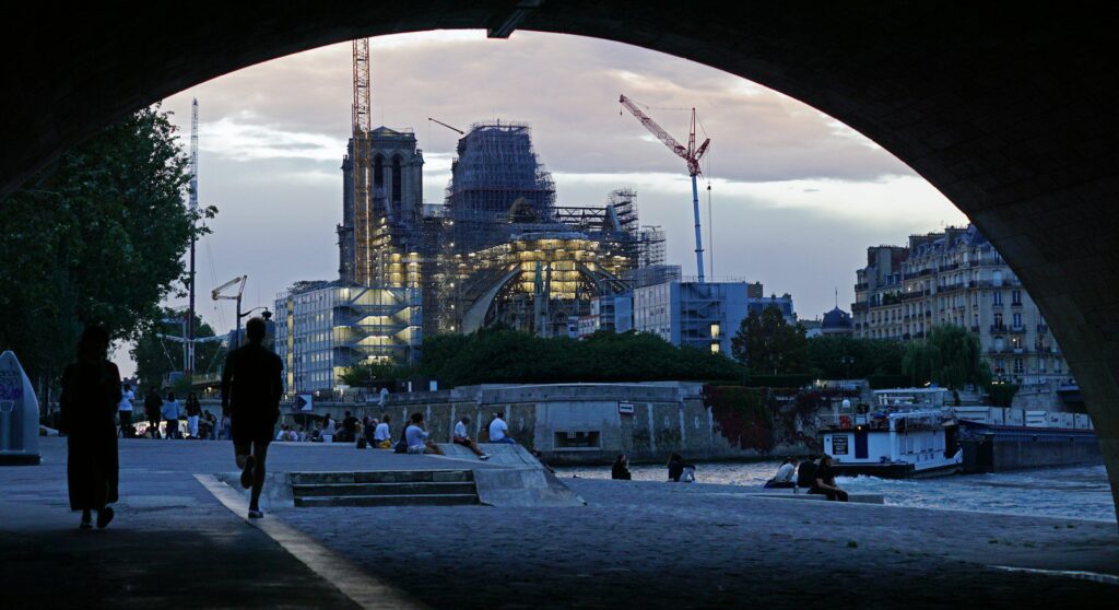 View of Notre-Dame cathedral under its shroud of scaffolding during restoration