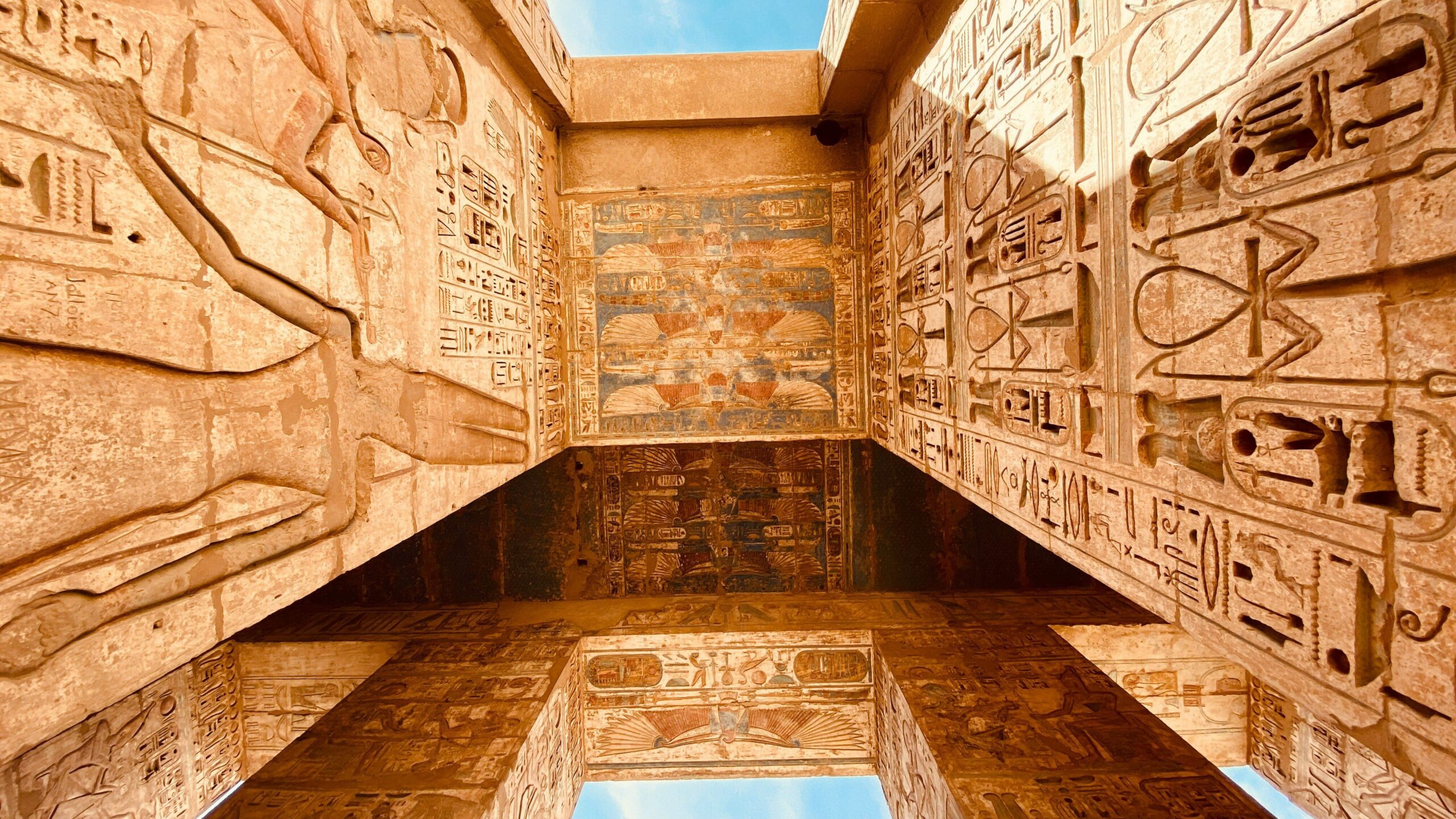 Egypt temple hieroglyphs from below