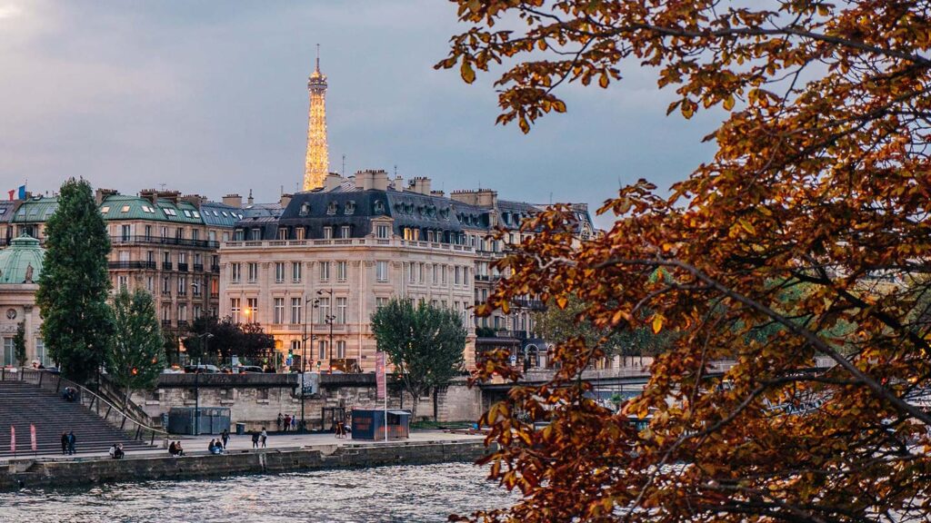 View of the Eiffel Tower above buildings in Paris 