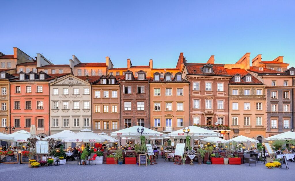 The colourful facades and pop-up markets Warsaw Old Town in Poland.