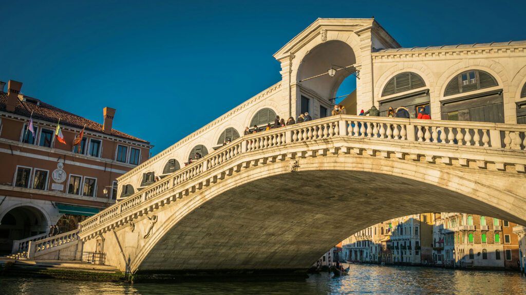 Tourists on the Rialto Bridge in Venice