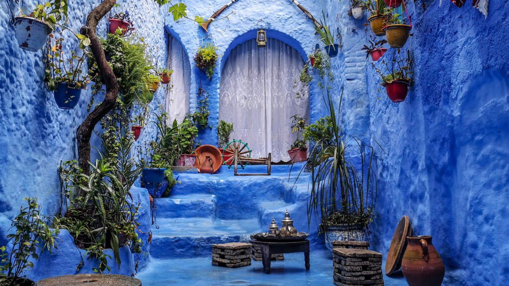 Blue painted street in Chefchaouen, Morocco