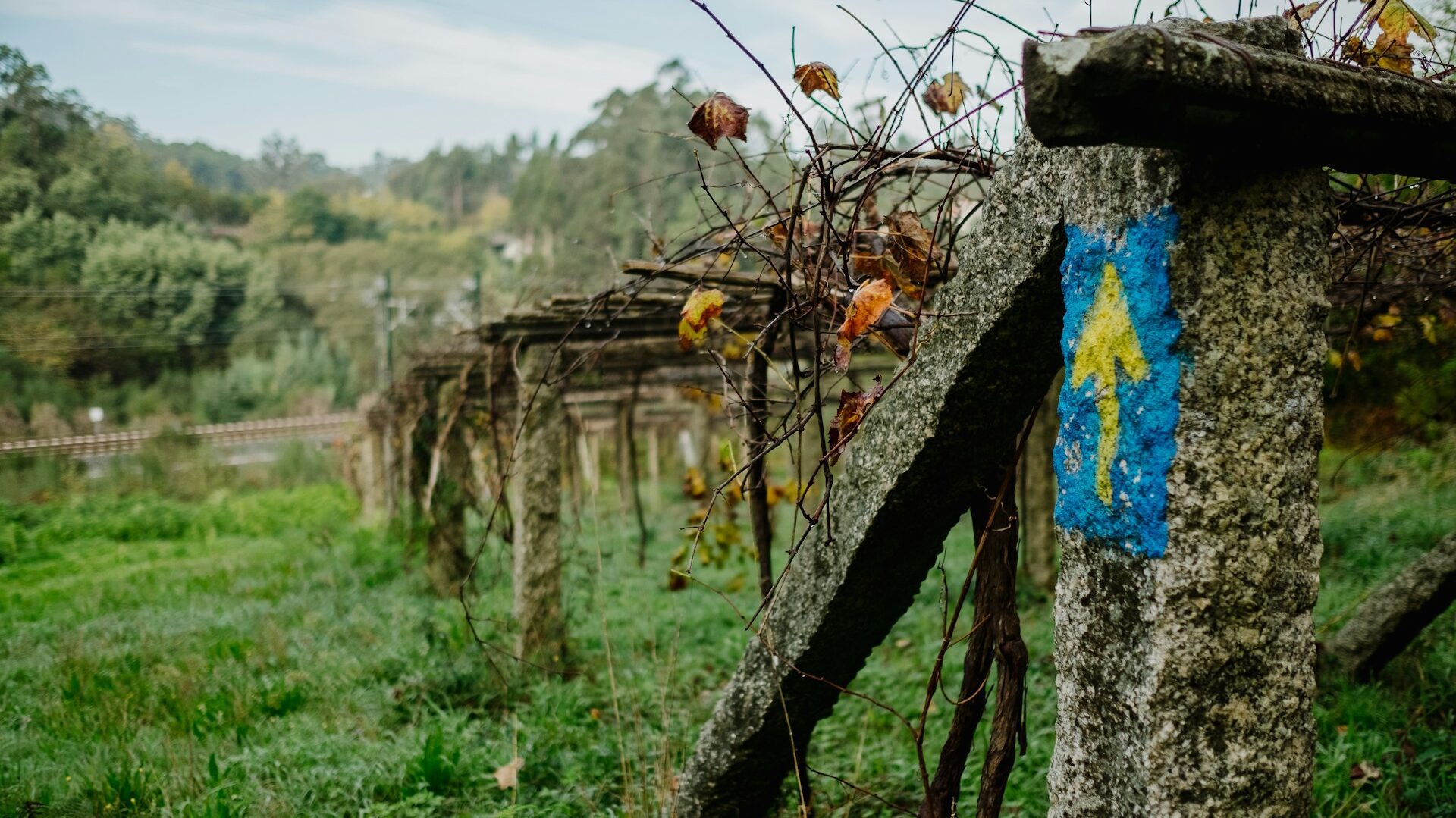 Arrow painted on a stone post
