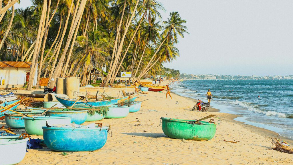 Traditional tub-shaped fishing vessels on a beach with palm trees lining one side