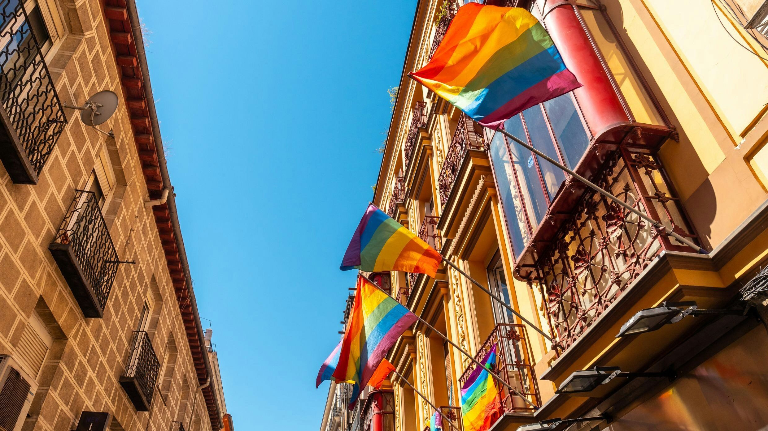 pride flags from balconies in the sun