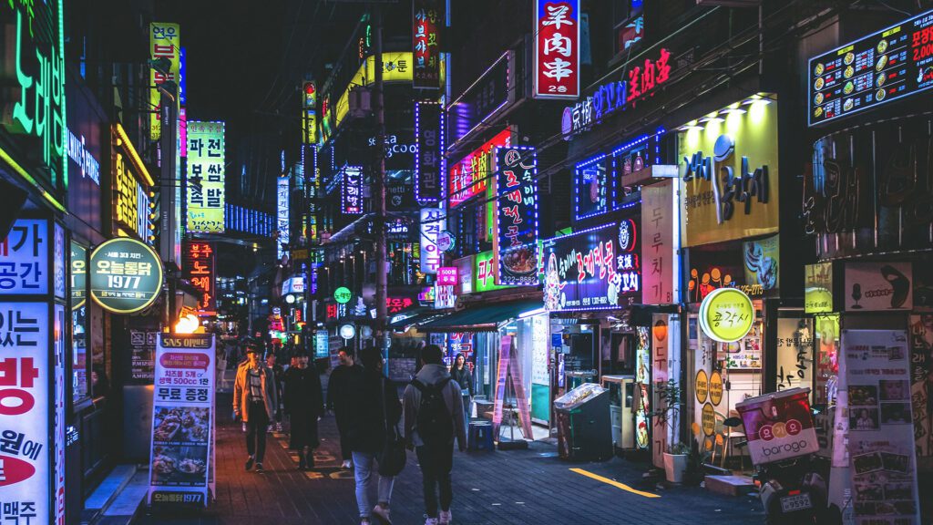 Neon signs on a street in Seoul