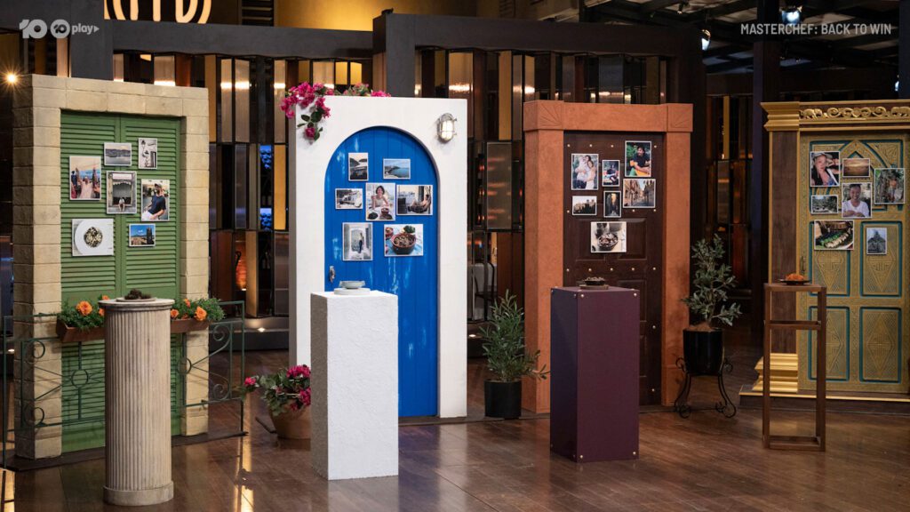 The finalists' dishes on plinths inside the MasterChef studio