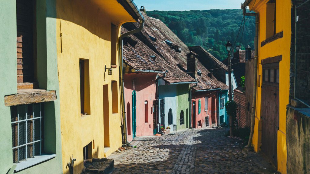 Colorful houses lining a cobbled street