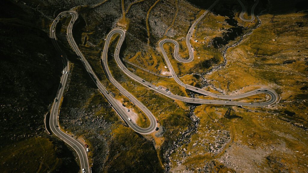 Aerial view of a winding mountain road