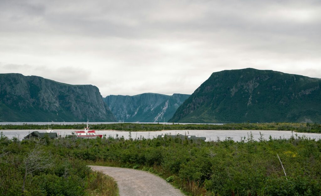 Gravel track leading towards fjords in Newfoundland