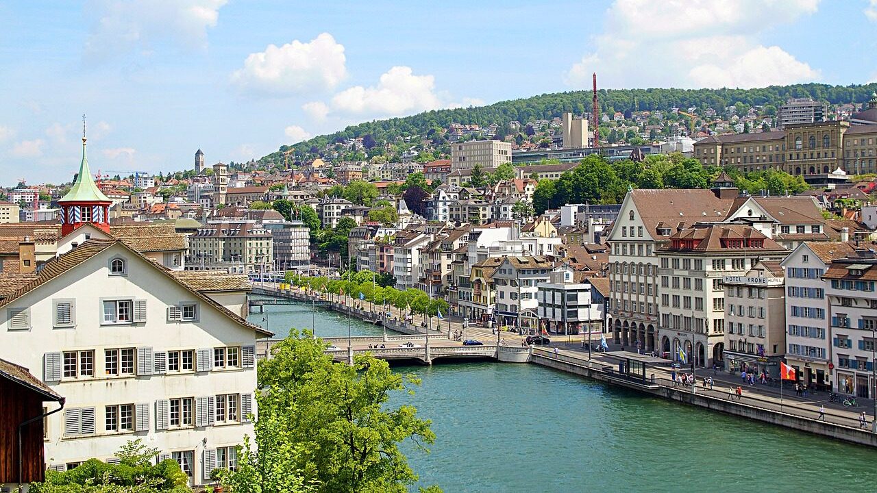 View of a river running through Zurich city centre