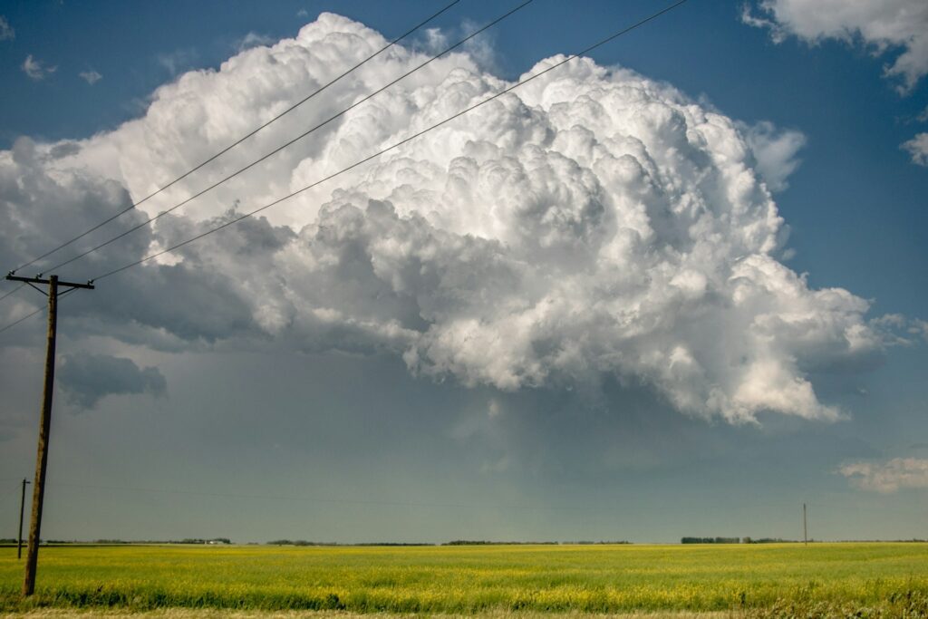 Large storm cloud looms over a field of green grass
