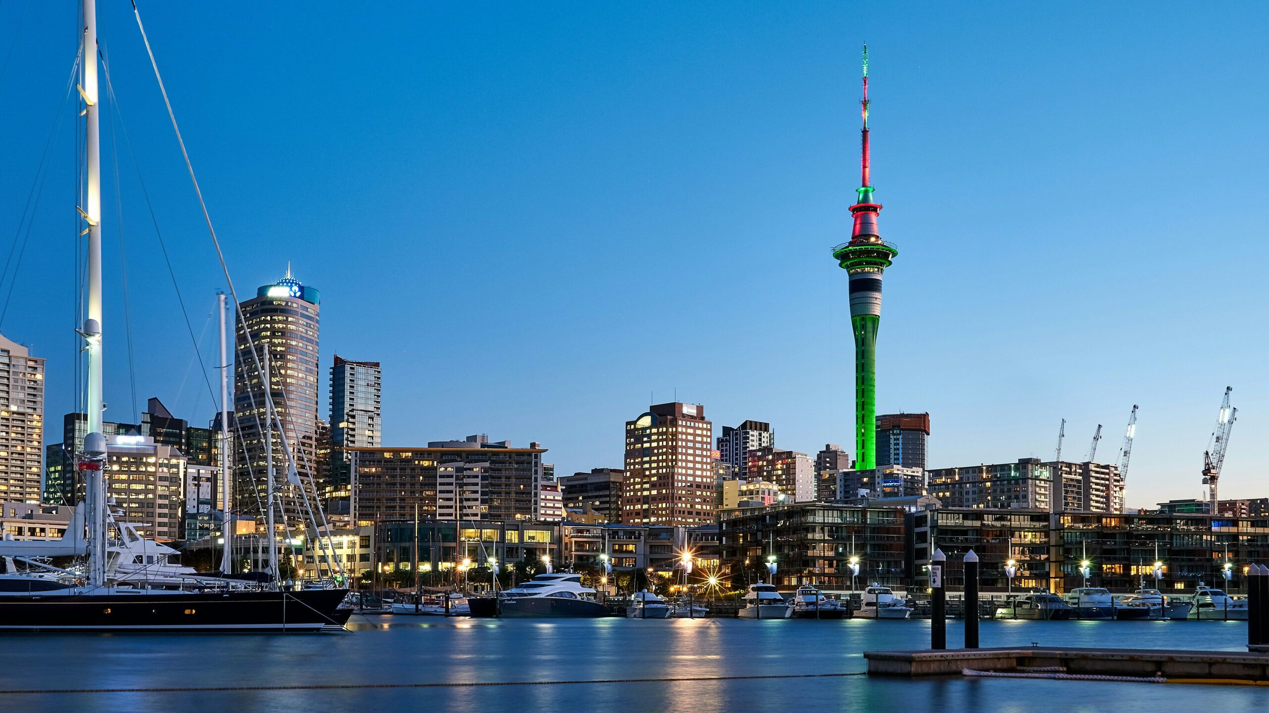Auckland's city skyline at dusk taken from the harbour.