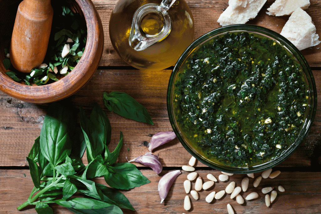 A bowl of pesto with basil and pine nuts on a wooden table.