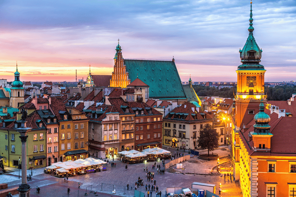Aerial view of the Old Town of Warsaw at sunset