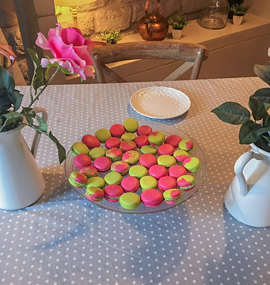Capture travel moments with a table of pink and green macaroons.