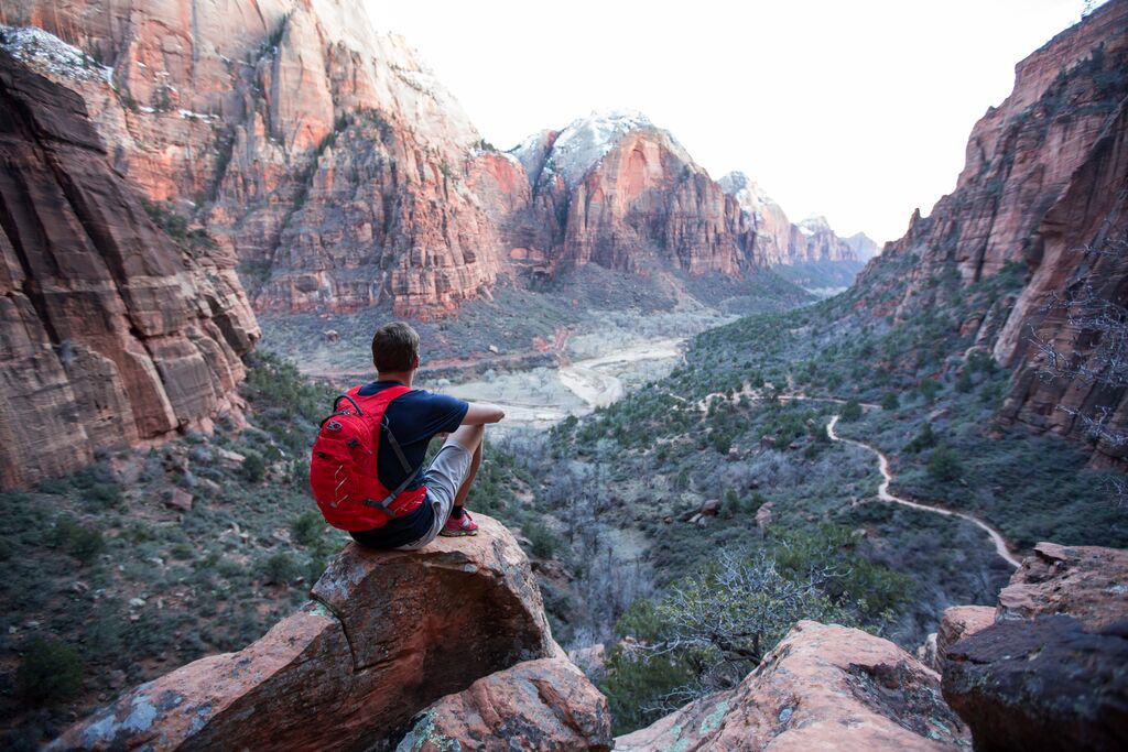 A man in a red jacket sits on a rock overlooking a scenic canyon with winding paths and towering red rock formations in one of the largest national parks in the US.