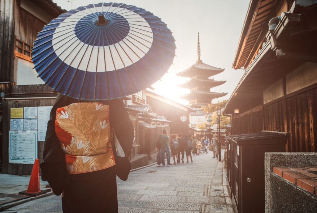 Woman with traditional paper umbrella in Kyoko street