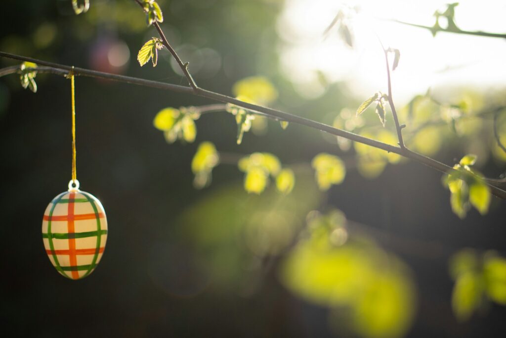 Easter egg hanging from a tree branch
