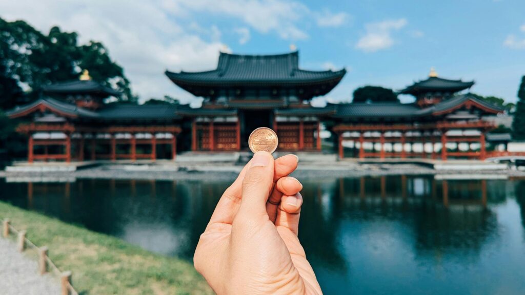 A coin in front of a temple in Japan