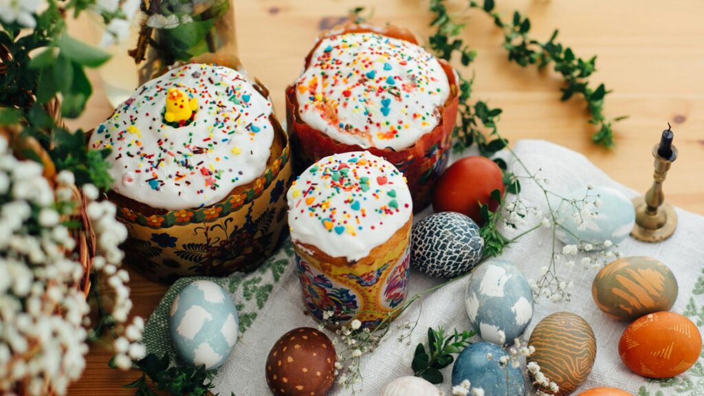 decorated cakes and easter eggs