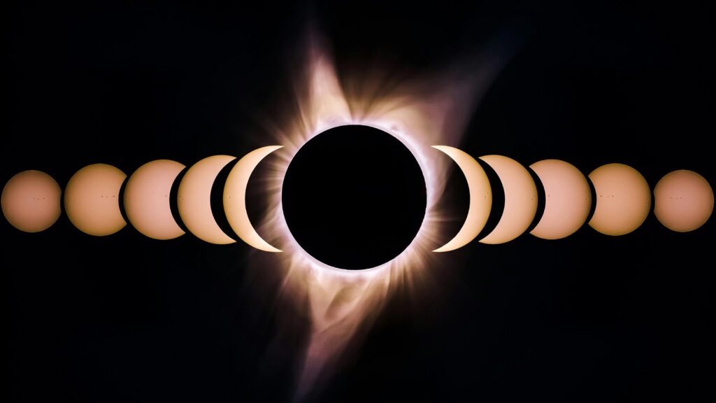 A graphic image showing various stages of a solar eclipse