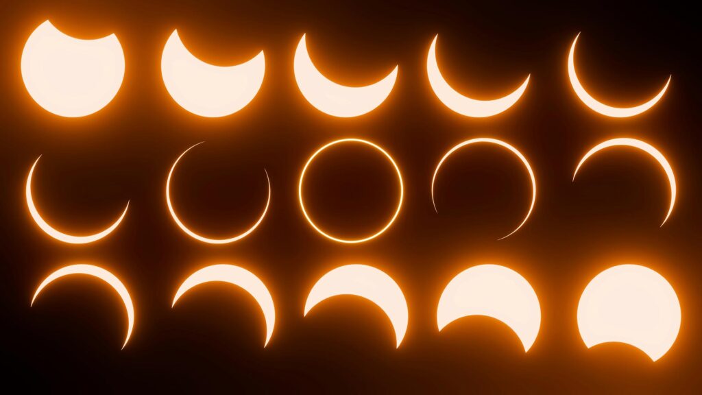 A photo showing the 15 stages of a solar eclipse as the moon passes in front of the sun