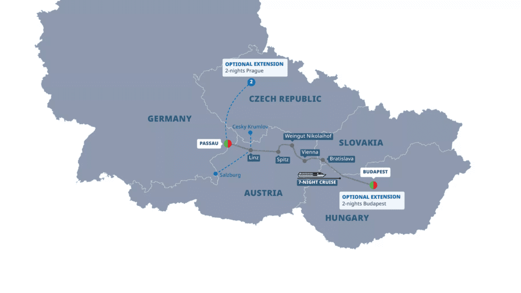 An illustrated map of the route of the Danube River Cruise