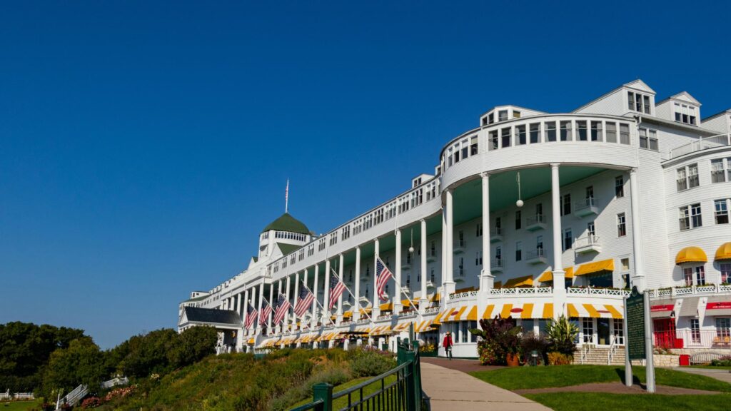 Outside view of the white Grand Hotel on Mackinac Island