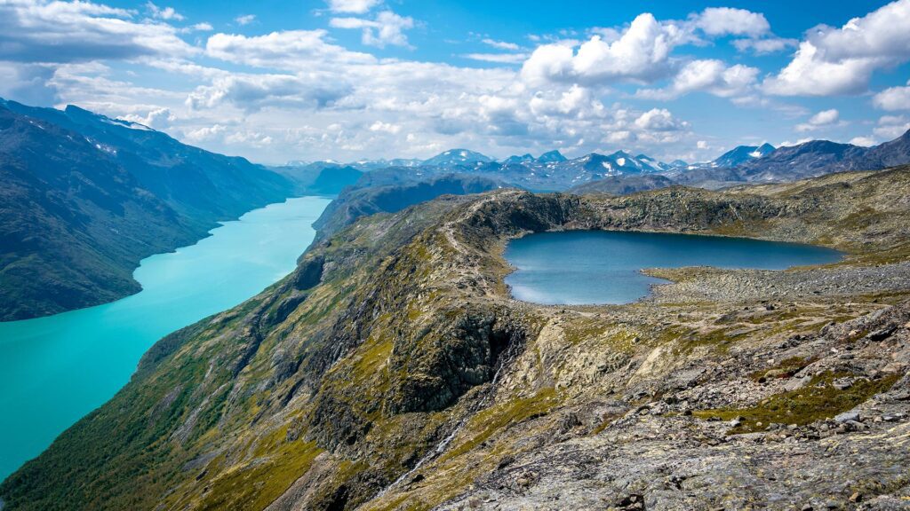 Besseggen Ridge with the two tones of lake in Norway