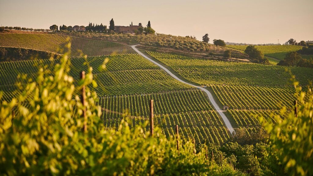 A villa in Tuscany's Chianti region set on a hill above rolling vineyards