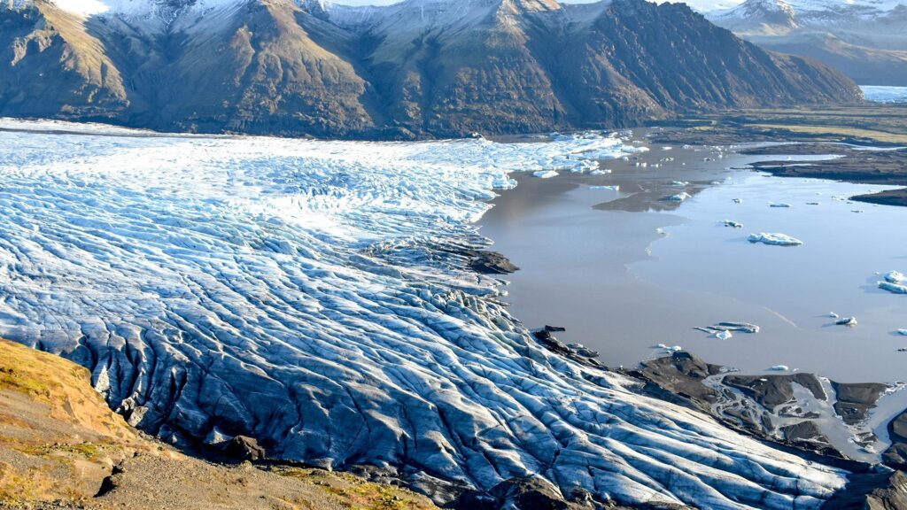Vatnajökull National Park in Iceland is a dramatic landscape of ice and black sand.