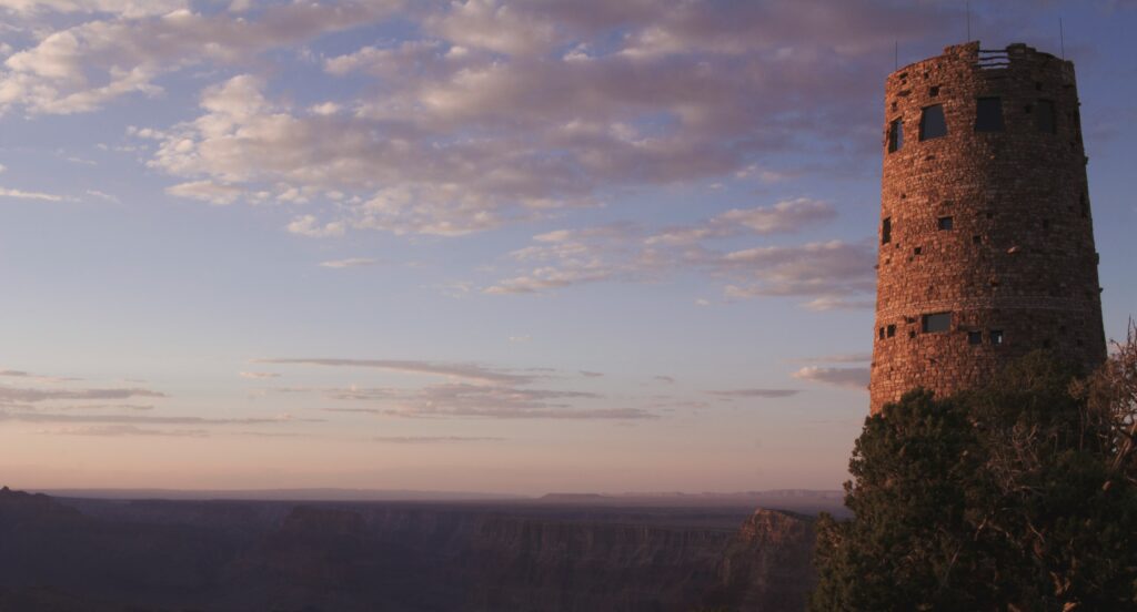 A stone fortification overlooking a canyon