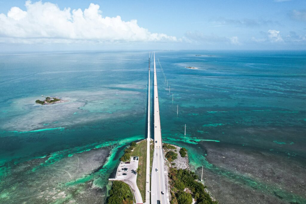 Long bridge stretching across shallow sea in the Florida Keys