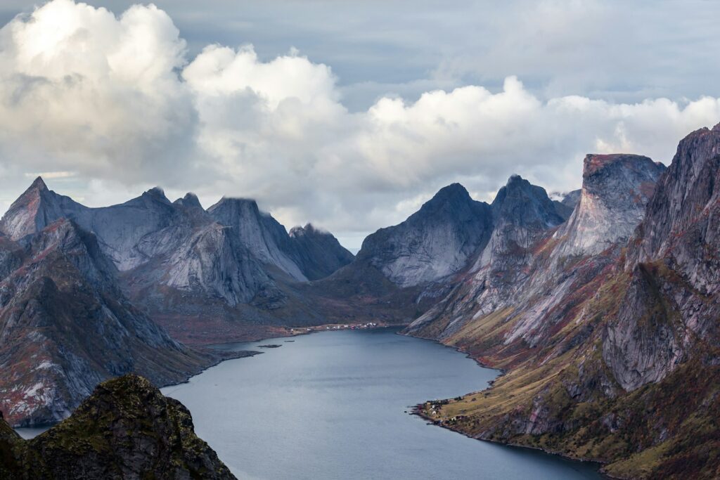 Aerial view of a large fjord in Norway