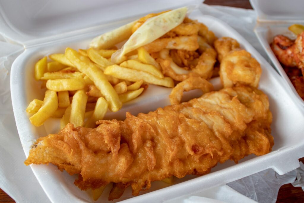 Fish and chips in a cardboard container