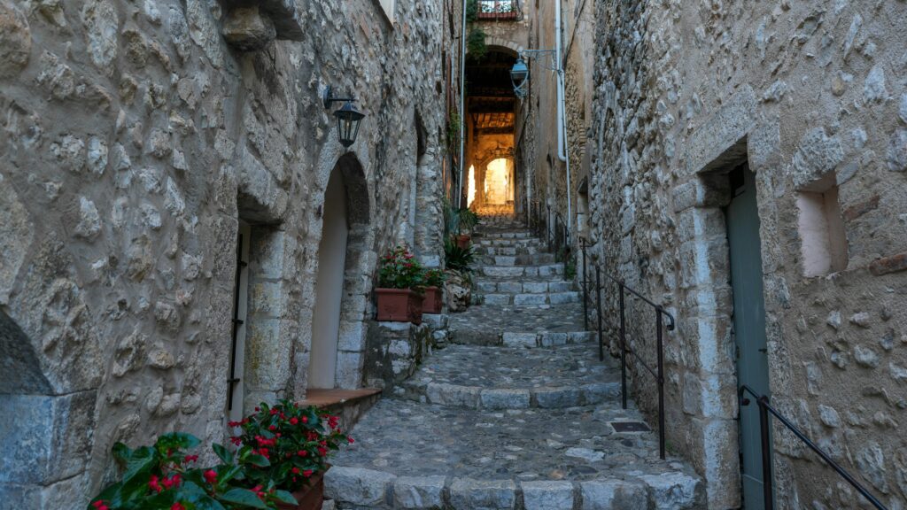 View up a flight of old stone steps in a hillside town