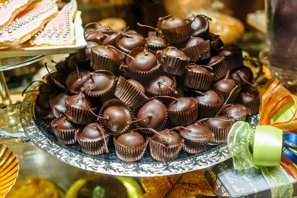 Close up of chocolate-dipped cherries