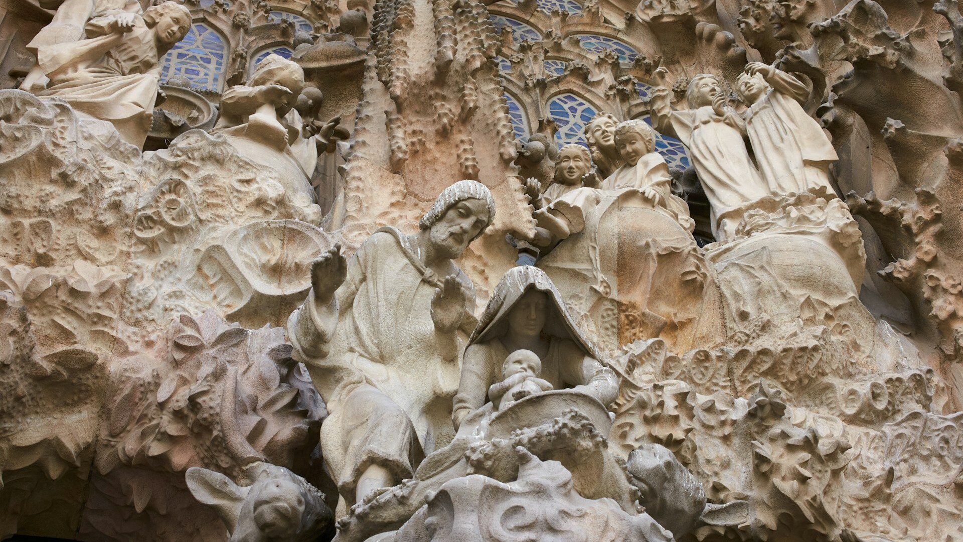 Close of of stone carving detail on the exterior of the Sagrada Familia