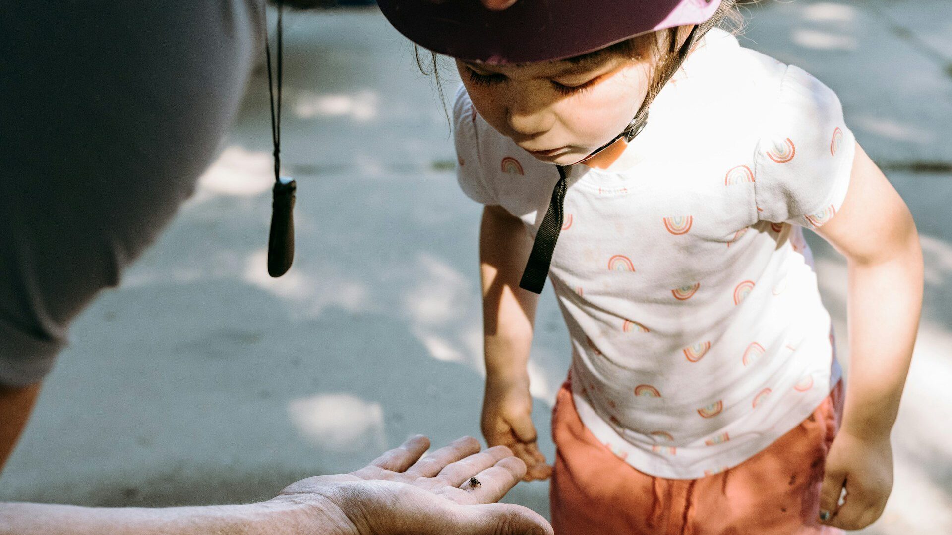 A child looking at a bug in a man's hand