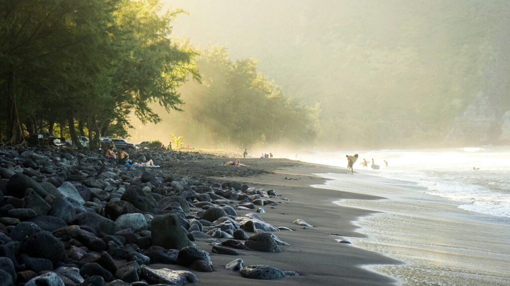 Surfers on a beach in Hawaii