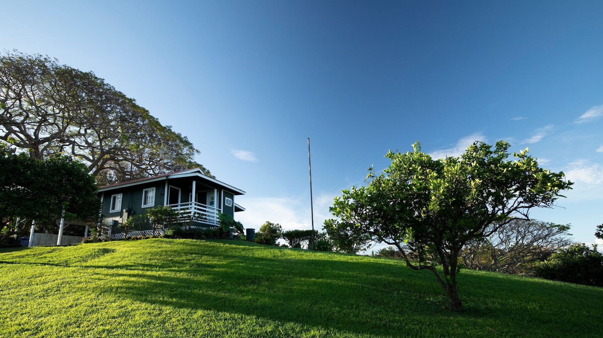 View of a green house on top of a hill under blue skies.