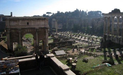 A view of the roman forum from the top of a building.